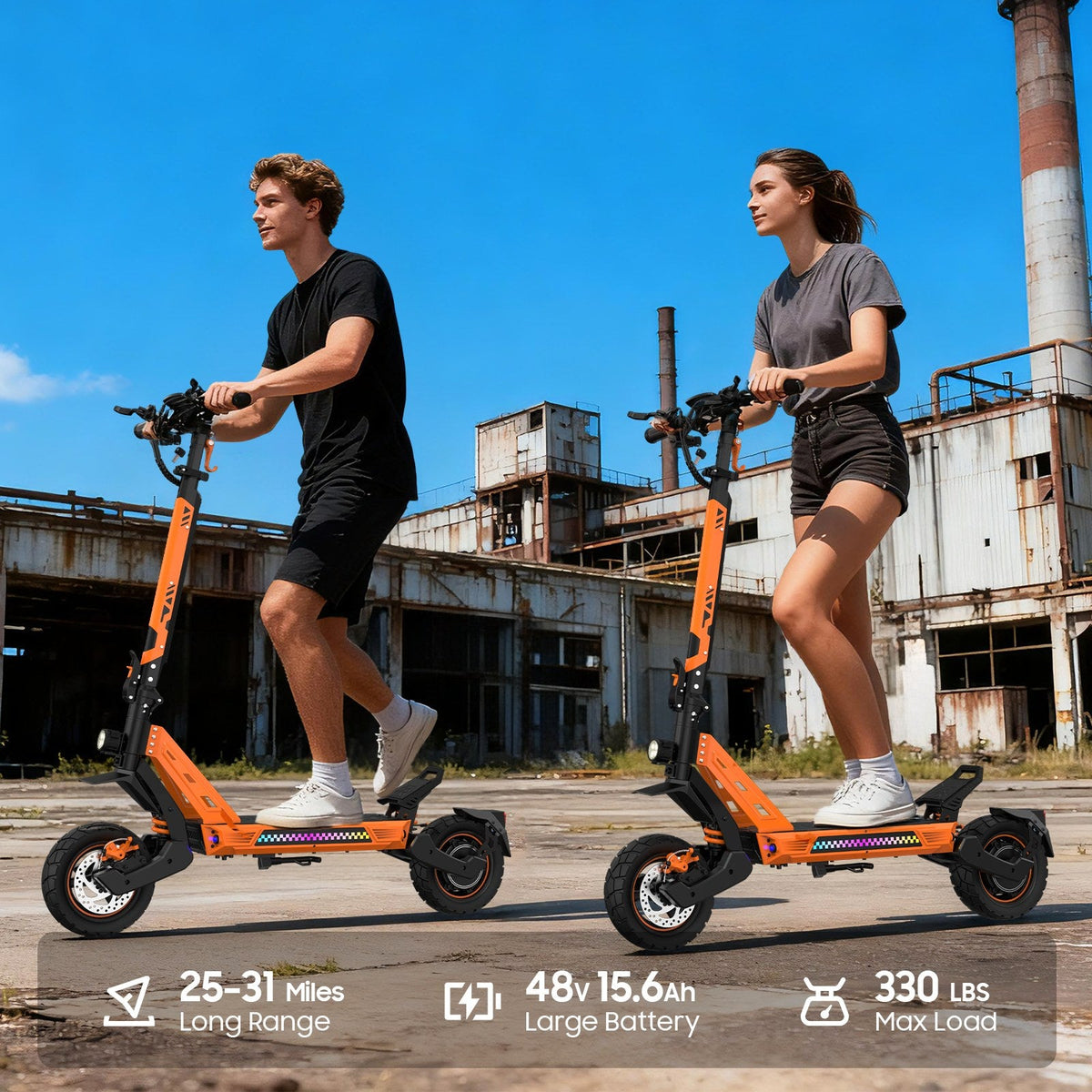 Veloflow E3 Pro - two riders on scooters outside a building - lifestyle shot
