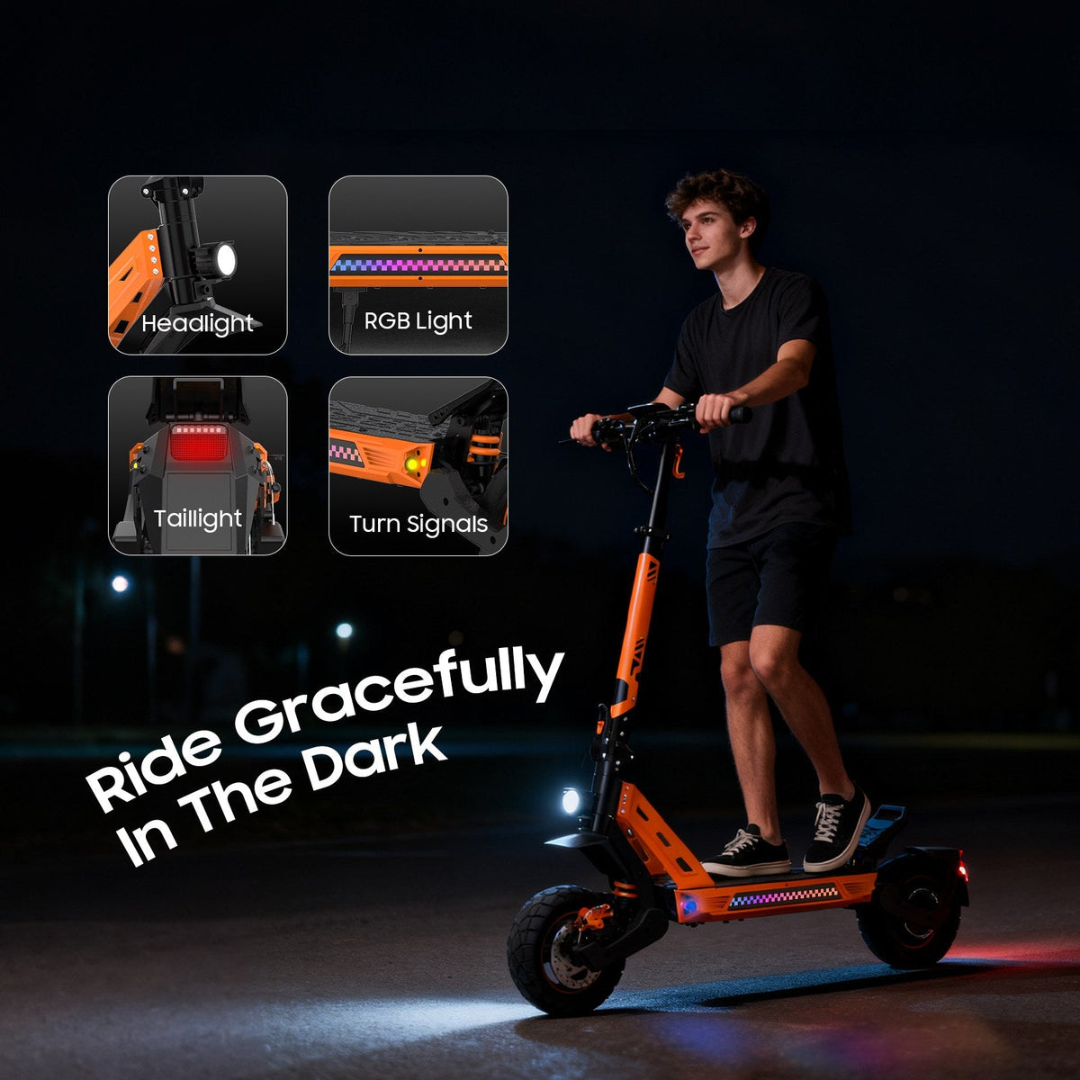 Veloflow E3 Pro - rider at night with headlight and light callouts - night shot