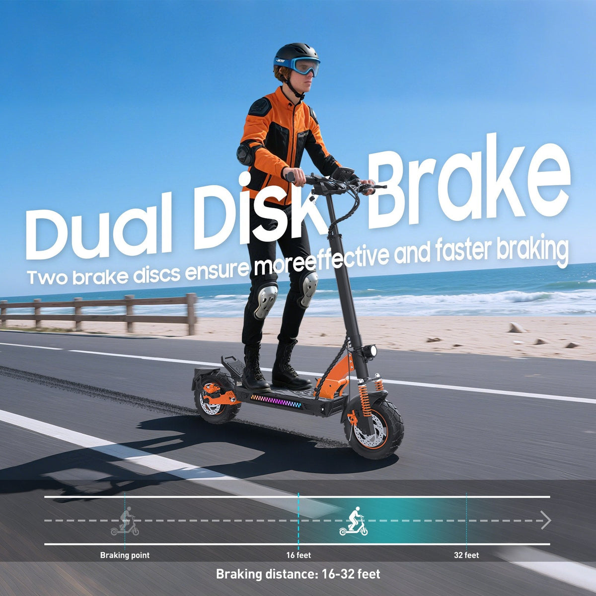 Veloflow E3S - rider in protective gear on a coastal road - dual disc brake shot