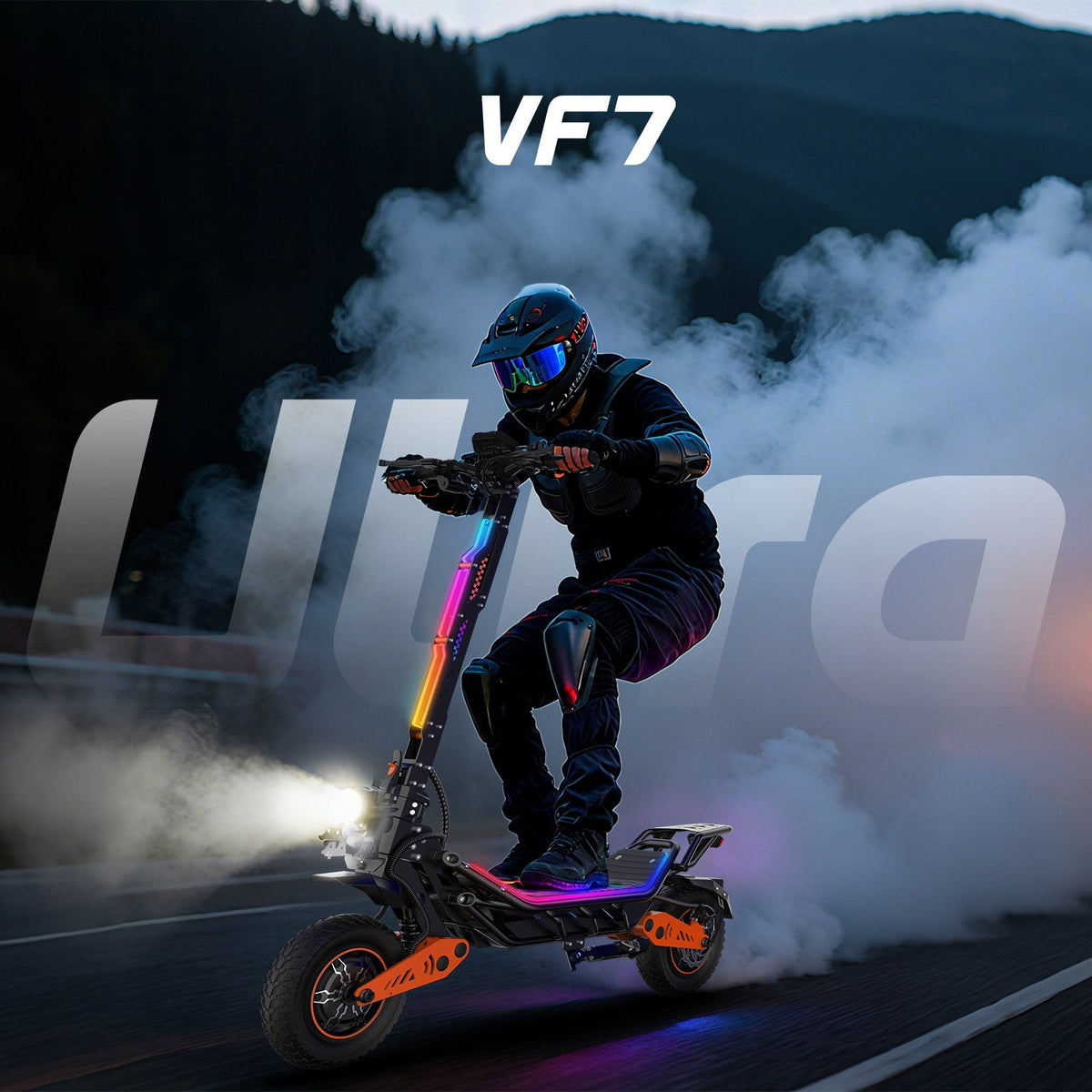 Veloflow E7 Ultra - rider in full-face helmet on scooter in smoke, VF7 and Veloflow Ultra text - product graphic